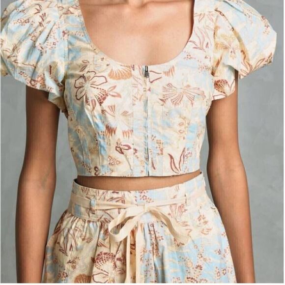 ULLA JOHNSON Kalena Floral Poplin Crop Top Puff Sleeve Front Zip Gardenia Sz 10 - Picture 7 of 15